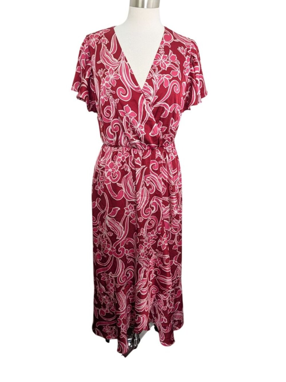 Nicole Miller New York Red Floral Wrap Midi Dress Size M Boho Cottage - Picture 12 of 16